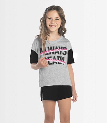 Conjunto Juvenil Feminino Blusa Cinza com Short em Moletinho Preto Rovitex Kids