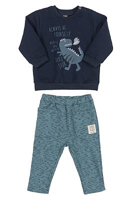 Conjunto Moletom Infantil Masculino Manga Longa Estampa Dinossauro Marinho e Calça Up Baby