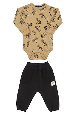 Conjunto Body Manga Longa Infantil Masculino Estampa Zebras e Calça em Moletom Preto Up Baby