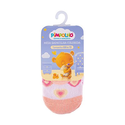 Meia Sapatilha para Bebê Menina Estampa Corações Salmão e Amarelo 00 a 15 Pimpolho