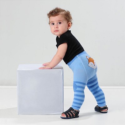 Calça Legging Infantil Masculino em Meia Azul Estampa Raposa Pimpolho Tamanho 16 ao 20