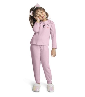 Pijama Plush Infantil Feminino Manga Longa Rosa Cute Trick Nick
