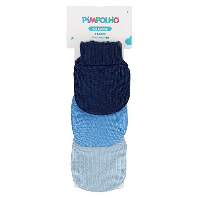 Kit com 3 Luvas Para Bebê Masculino Marinho e Azul Pimpolho
