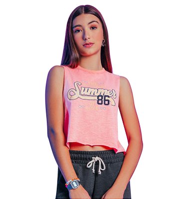 Blusa Cropped Cavada e sem Manga Juvenil Rosa Neon Rovitex