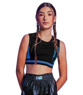 Blusa Cropped Juvenil Feminina sem Manga Preto e Azul Rovitex Teen