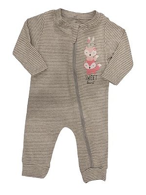 Macacão Longo para Bebê Menina com Zíper Listrado Cinza Raposinha Zupa Zuka