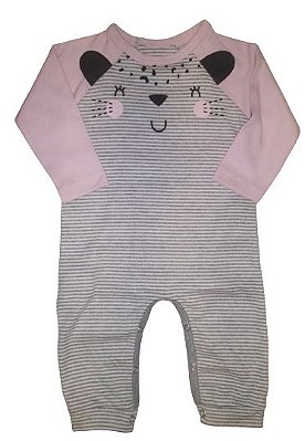 Macacão Longo para Bebê Menina Listrado Cinza com Branco e Rosa Gatinha Zupa Zuka