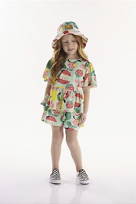 Conjunto Infantil para Menina com Blusa e Short Estampa Frutinhas em Meia Malha Três e Já