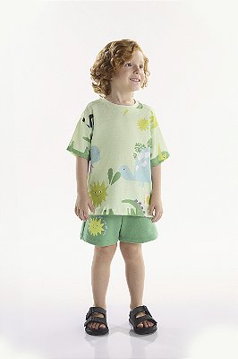 Conjunto Infantil Masculino com Camiseta Estampa Dinossauros e Bermuda em Moletinho Verde Três e Já