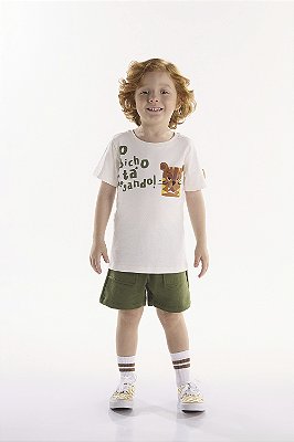 Conjunto Infantil Masculino com Camiseta Manga Curta Tigre e Bermuda em Moletinho Verde Três e Já