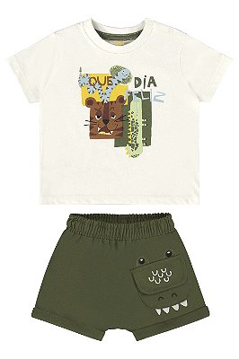 Conjunto para Bebê Menino com Camiseta de Tigre e Short em Linho Três e Já