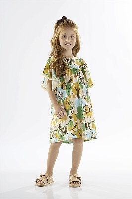Vestido Infantil Estampado com Manga Bufante e Franjinha Estampa Floresta Up Baby