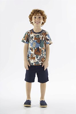 Camiseta Manga Curta Infantil Masculina com Estampa Bichinhos da Floresta Marinho Up Baby