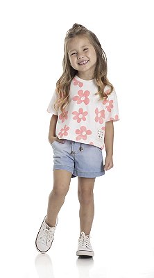 Camiseta Infantil Feminina Cropped Oversized Floral Neon TMX