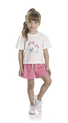 Conjunto Infantil Feminino com Camiseta Branca Borboletas e Short em Moletinho Rosa Neon TMX
