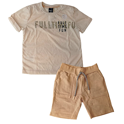 Conjunto Infantil Masculino com Camiseta Flamê Malha Linho e Bermuda de Moletom Bege TMX