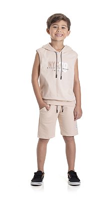 Conjunto Infantil Masculino com Regata de Capuz e Bermuda em Moletinho Bege TMX