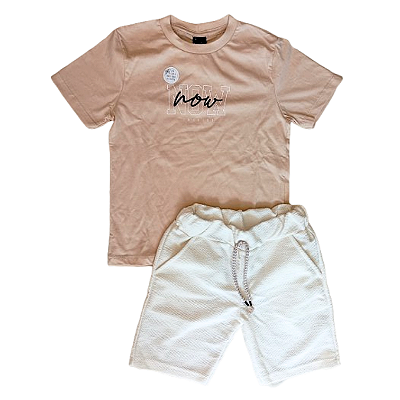 Conjunto Infantil para Menino com Camiseta Bege e Bermuda Offwhite em Moletinho TMX