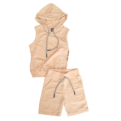Conjunto para Menino com Regata Bege com Capuz e Bermuda de Moletinho TMX