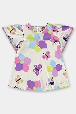 Vestido Infantil com Mnga Bufante Pompom Estampado Neon com Borboletas e Flores Up Baby