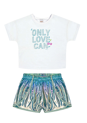 Conjunto Infantil Feminino com Cropped Manga Curta Branca e Short Holográfico Azul Elian