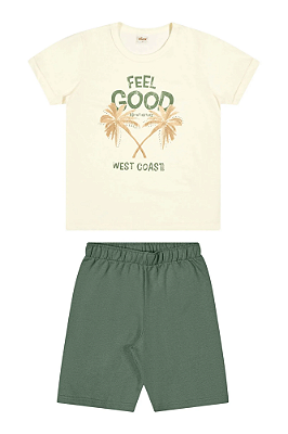 Conjunto Infantil Masculino com Camiseta Offwhite e Bermuda Verde Elian