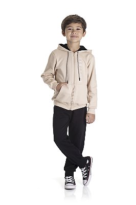 Conjunto de Moletom Infantil Masculino com Jaqueta Bege e Calça Jogger Preta TMX Kids & Teens