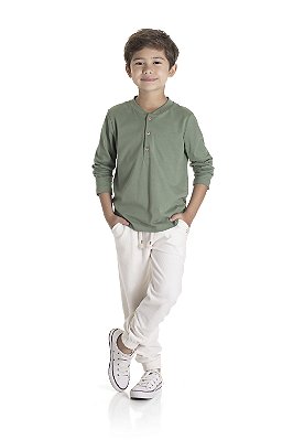 Conjunto Infantil Masculino com Blusa Manga Longa Verde em Meia Malha e Calça Jogger em Moletinho Eco Tipo Linho Cru TMX Kids & Teens