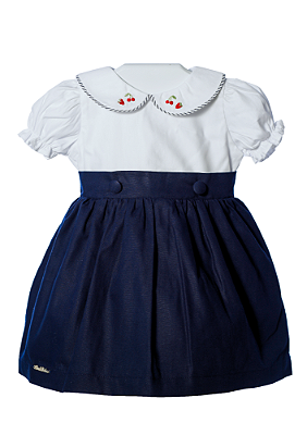 Vestido Infantil em Tecido Azul Marinho e Branco com Gola Bordada Linna Valentinna