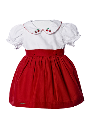 Vestido Infantil em Tecido Vermelho e Branco com Gola Bordada Linna Valentinna