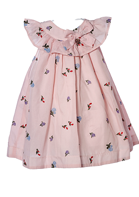 Vestido Infantil em Tecido Rosa com Bordados de Flores