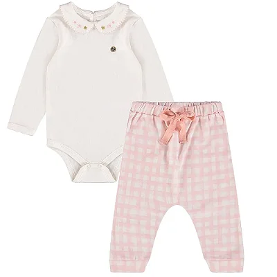 Conjunto para Bebê Menina com Body Manga Longa com Gola Bordada Offwhite e Calça Xadrez Rosa Up Baby