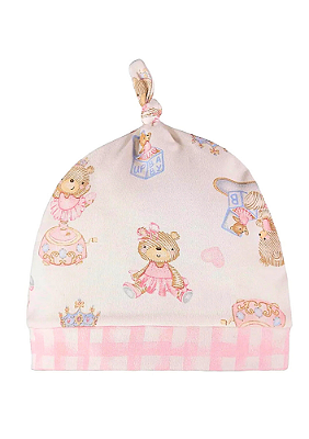 Gorro em Suedine para Bebê Menina Estampa Ursinha Bailarina Xadrez Rosa Up Baby