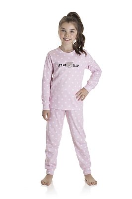 Pijama Longo Infantil Feminino em Suedine Rosa com Poá Branco Ursinha TMX