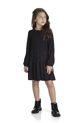 Vestido Infantil Manga Longa Xadrez Preto e Branco Tmx
