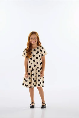 Vestido Infantil Maga Curta Bege com Bolinhas Pretas Quimby