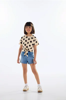 Blusa Infantil Feminina Manga Curta com Bolinhas Pretas Quimby
