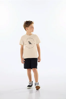 Conjunto Infantil Masculino com Camiseta Bege e Bermuda Preta Quimby