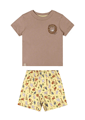 Conjunto de Camiseta Manga Curta Masculina em Malha e Bermuda em Mirofibra Estampa Leãozinho Quimby