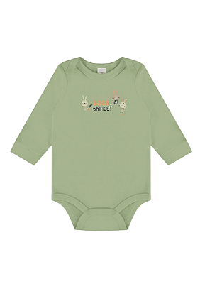 Body Manga Longa Unissex em Suedine Verde Coelhinhos Up Baby