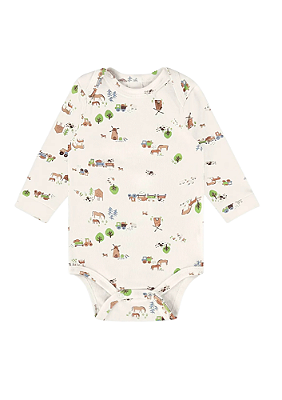 Body Manga Longa em Suedine Estampa Fazendinha para Bebê Menino Up Baby
