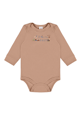 Body Manga Longa em Suedine Marrom com Estampa Fazendinha Up Baby