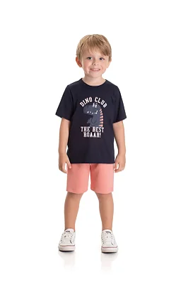 Conjunto Infantil Masculino com Camiseta Marinho Dinossauro e Bermuda em Moletinho TMX Kids