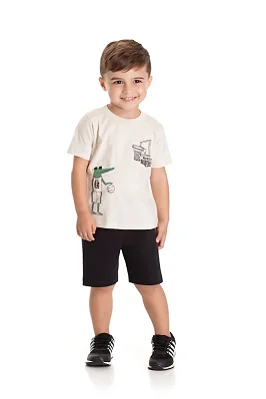 Conjunto Infantil Masculino com Camiseta Marfim e Bermuda em Moletinho Preta TMX