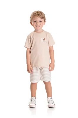 Conjunto Infantil Masculino com Camiseta Bege Cachorrinho e Bermuda em Moletinho Eco Listrado Cru TMX
