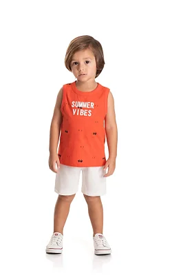 Conjunto Infantil Masculino com Regata em Meia Malha Laranja e Bermuda em Moletinho tipo Linho TMX