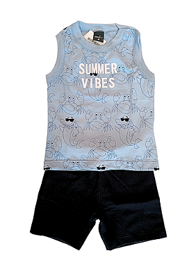 Conjunto Infantil Masculino com Regata em Meia Malha Azul e Bermuda em Moletinho tipo Linho TMX