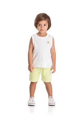 Conjunto Infantil de Regata em Meia Malha Branca com Bordado de Coqueiro e Bermuda em Moletinho sem Felpa TMX
