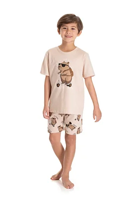 Pijama Infantil Masculino Curto na cor Bege com Estampa de Capivara TMX