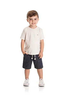 Conjunto Infantil Masculino com Camiseta Marfim e Bermuda em Sarja Tipo Jeans TMX